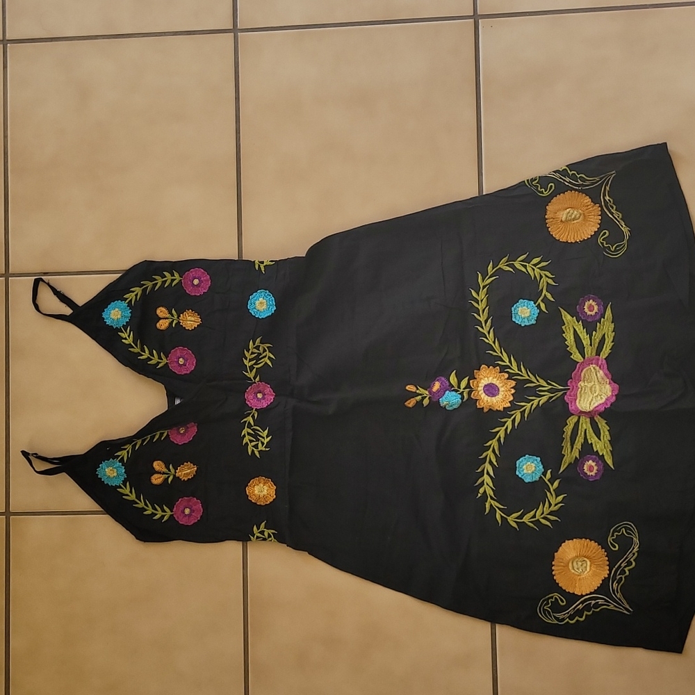 Black Embroidered Spaghetti Strapped Dress